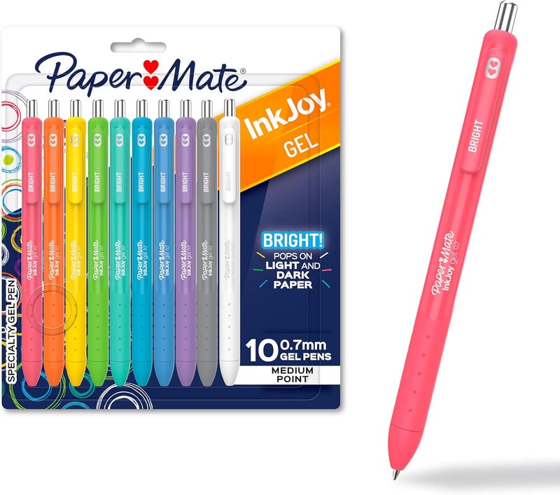 Papermate InkJoy Bright Pens, Gel Pens, Medium Point (0.7mm), Retractable, Assorted Brighter Colors, 10 Count - Image 1